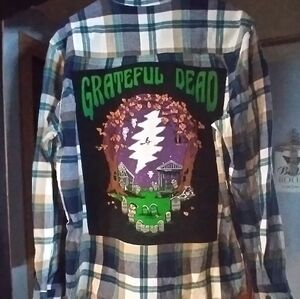 upcycled flannel shirt w/ custom GRATEFUL DEAD halloween back patch